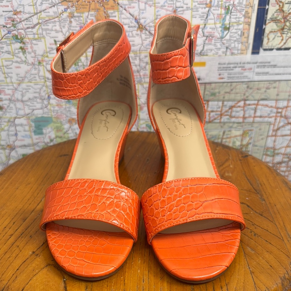Orange Crocodile Pattern Ankle Strap Wedge Sandals